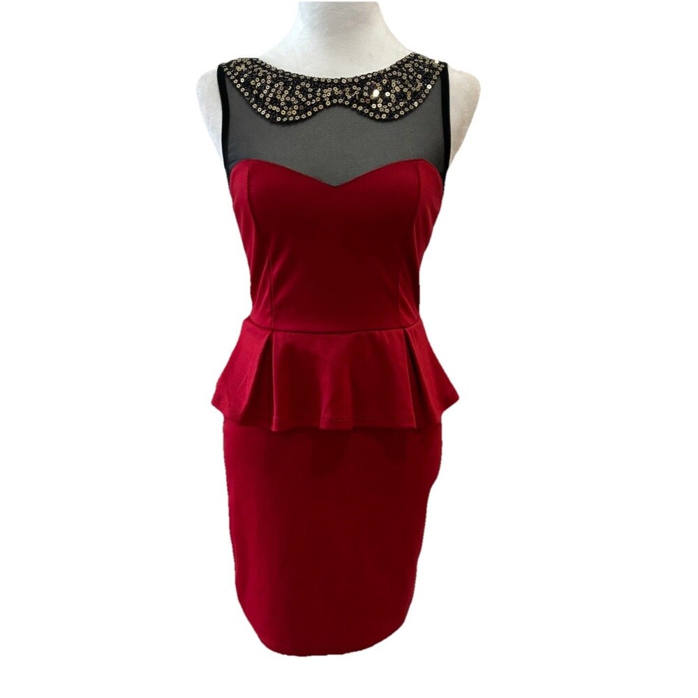 Vtg BUI YAH KAH USA Red Peplum Pencil Dress M Sequined Collar Black Mesh Y2K